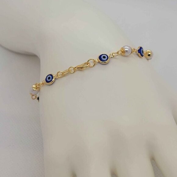 Brand New Brazilian 18k Gold Filled White Beaded & Blue Evil Eye Bracelet - Picture 2 of 3